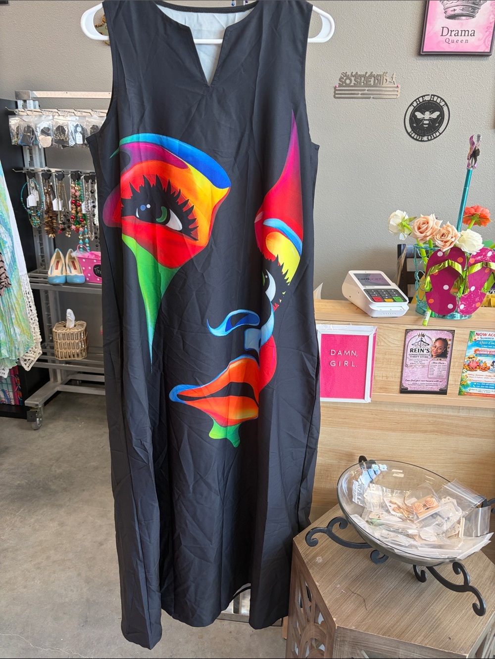 Sleeveless Black Maxi Dress with Vibrant Rainbow Face Print